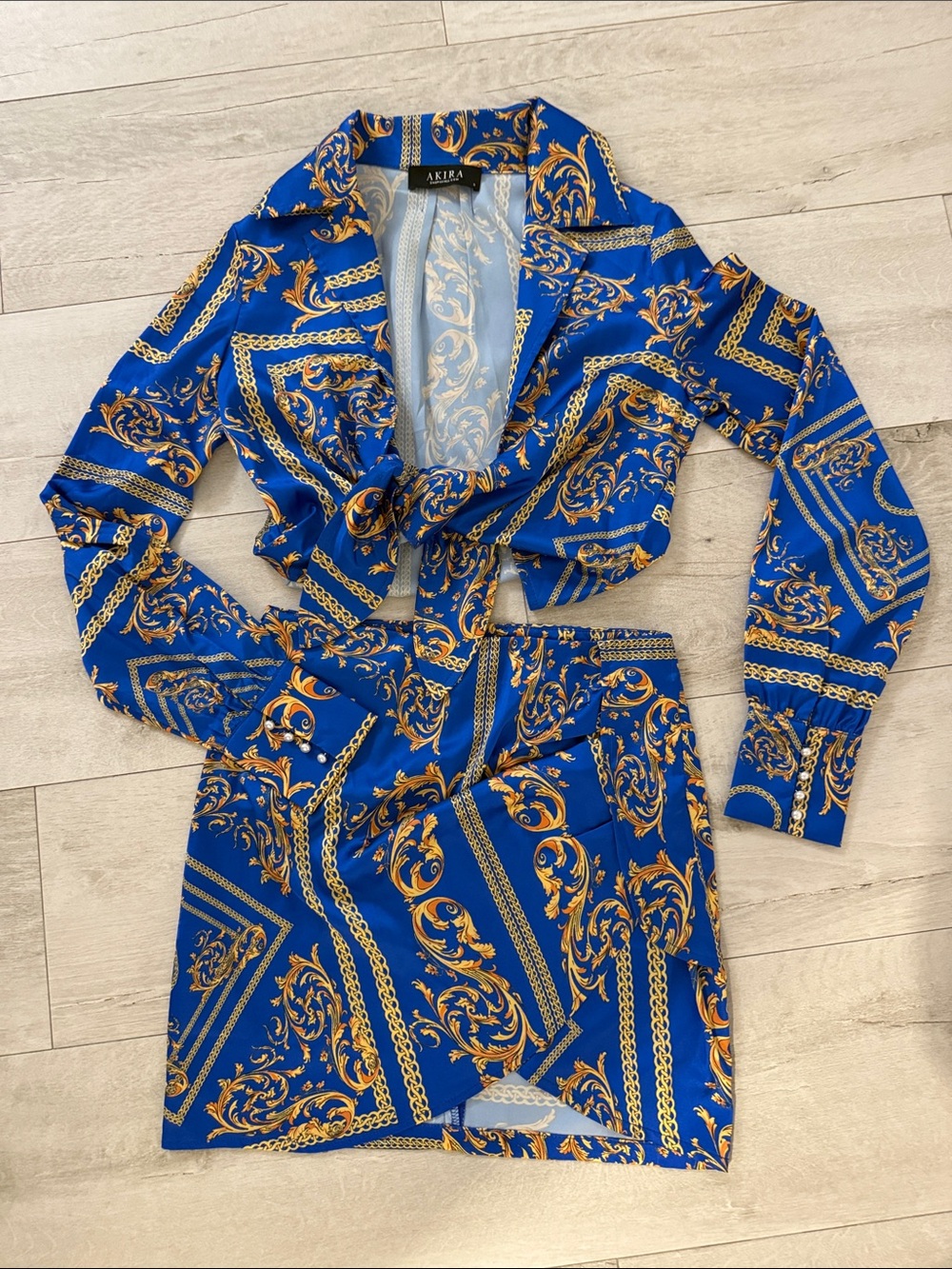 AKIRA Royal Blue & Gold Baroque Print Two-Piece Skirt Set